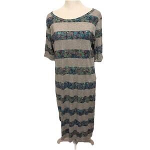NWT LuLaRoe Gray With Floral Striped Julia Half Sleeve Dress Size XL (16-18)